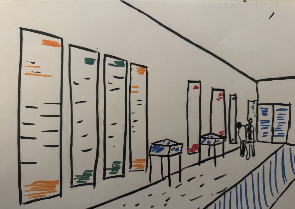 Handgezeichnete Konzeptskizze des Ausstellungsraums mit h&auml;ngenden Bannern, Vitrinen und Besucher*innen