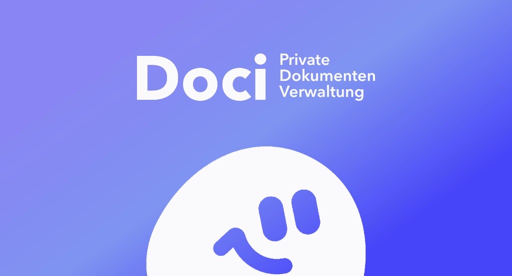 Doci – Private Dokumenten Verwaltung: Wortmarke und Icon auf lila-blauem Verlauf