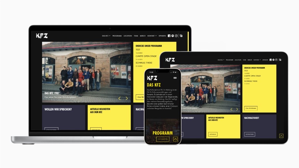 Responsive Website des KFZ Marburg auf Laptop, Tablet und Smartphone: Schwarz, Gelb und das Gründungsteam von 1987