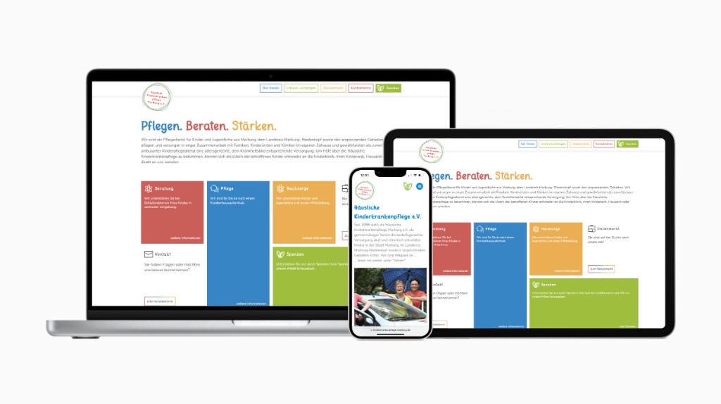 Responsive Website der Häuslichen Kinderkrankenpflege Marburg auf Laptop, Tablet und Smartphone: bunte Kacheln für Pflege, Beratung, Nachsorge und Spenden