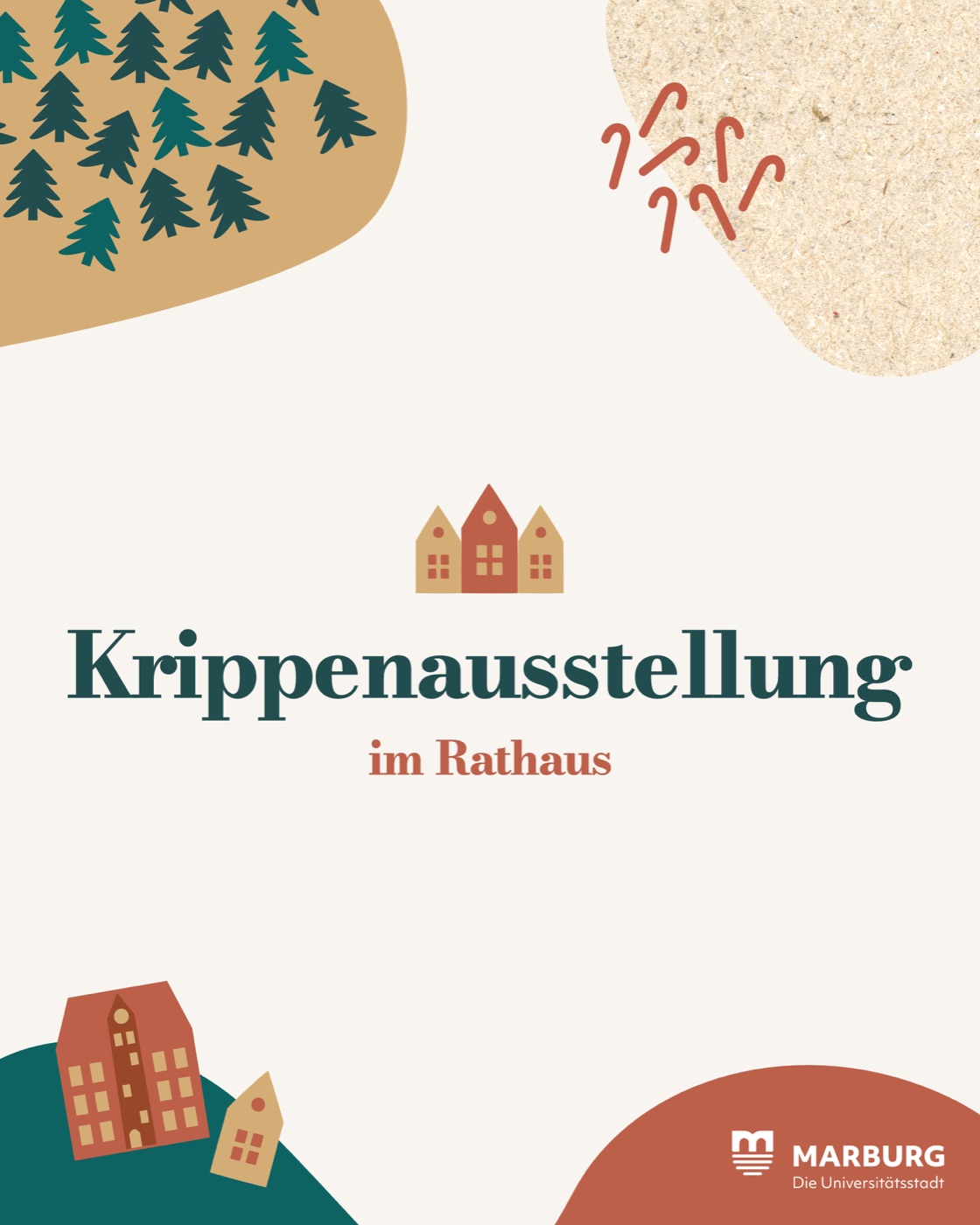 Social-Media-Motiv 2025: Krippenausstellung im Rathaus mit Tannen, Häusern und dem Logo der Universitätsstadt Marburg