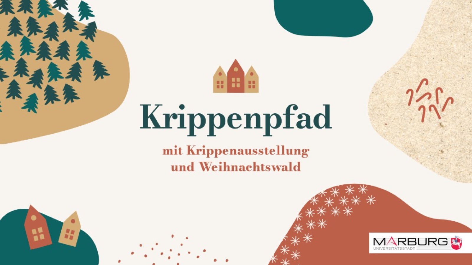 Krippenpfad mit Krippenausstellung und Weihnachtswald: Häuser, Tannen und Schneeflocken in Grün, Rot und Gold