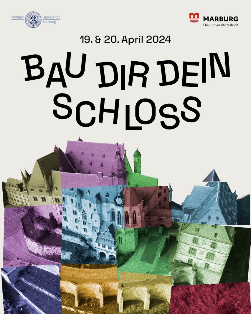 Die finale Post-Grafik: Bau dir dein Schloss, 19. und 20. April 2024 – das Marburger Schloss als bunte Collage aus violetten, grünen, blauen, gelben und roten Puzzleteilen