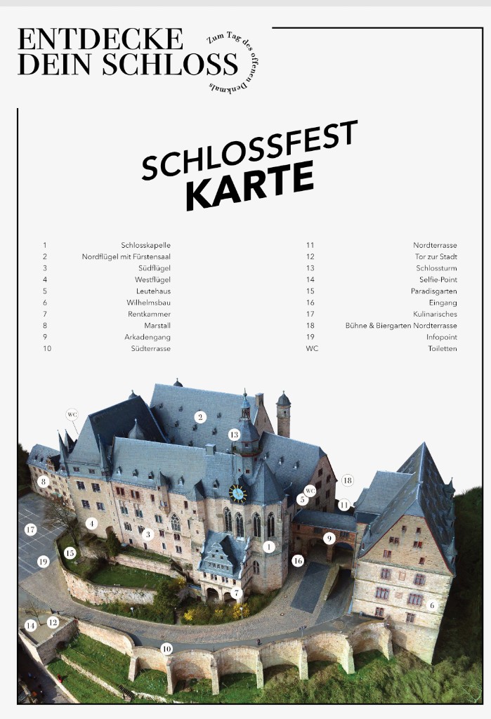 Schlossfest-Karte: Luftaufnahme des Marburger Schlosses mit nummerierten Stationen von der Schlosskapelle bis zum Infopoint