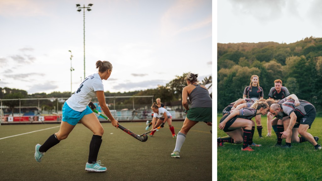 Hockeyspielerinnen im Spiel und ein Rugby-Team im Gedr&auml;nge auf dem Rasen