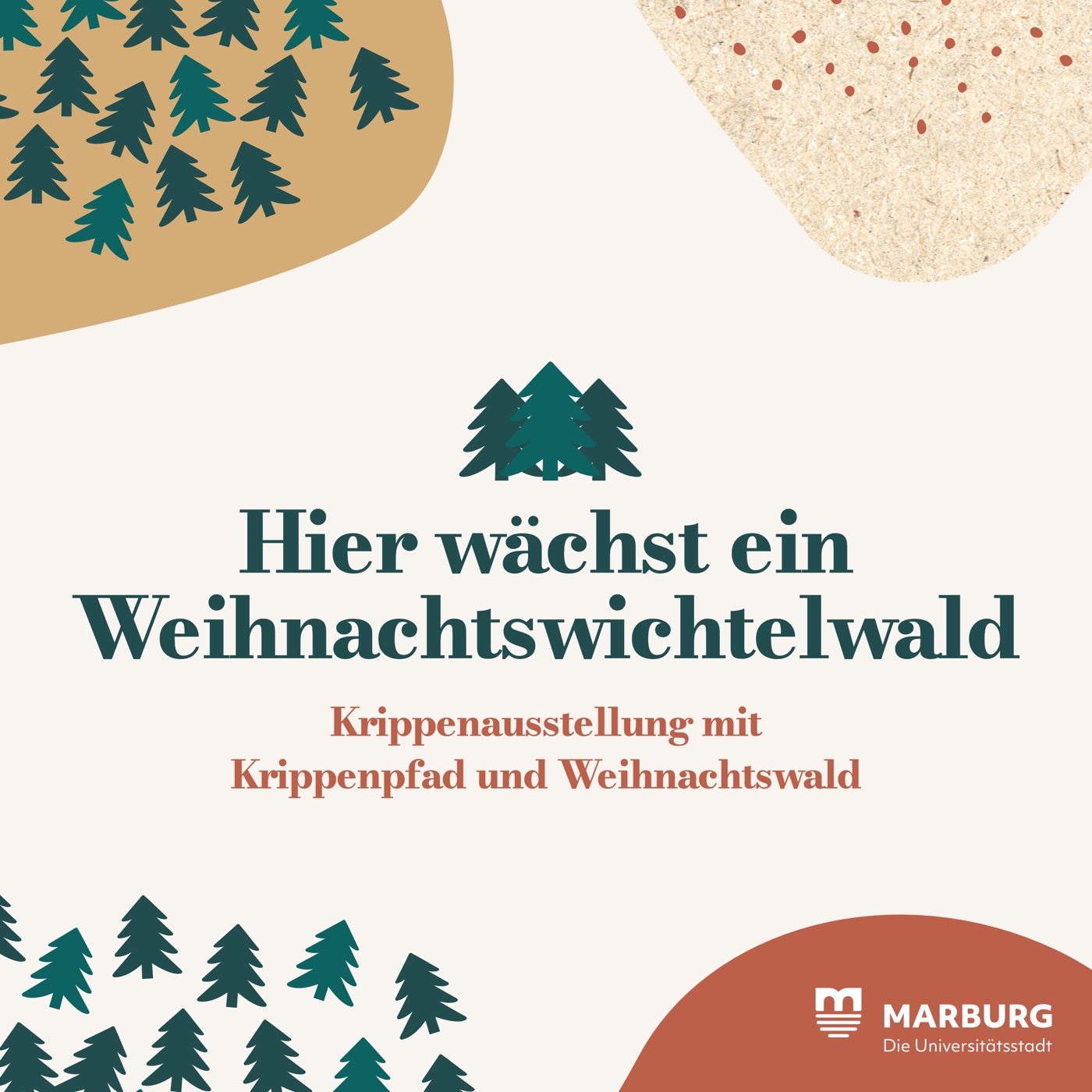 Wort-Bild-Marke Weihnachtswichtelwald: Tannen, organische Farbflächen in Grün, Rot und Gold und das Logo der Universitätsstadt Marburg