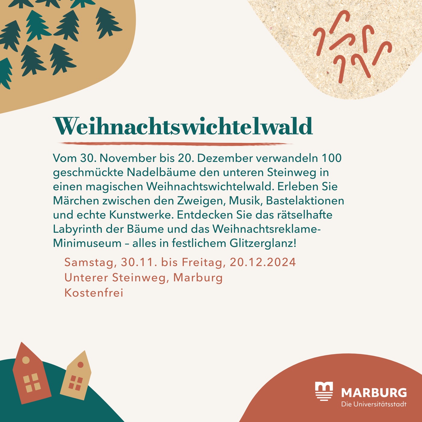 Social-Media-Post: Weihnachtswichtelwald am unteren Steinweg mit Termin, Ort und kostenfreier Teilnahme