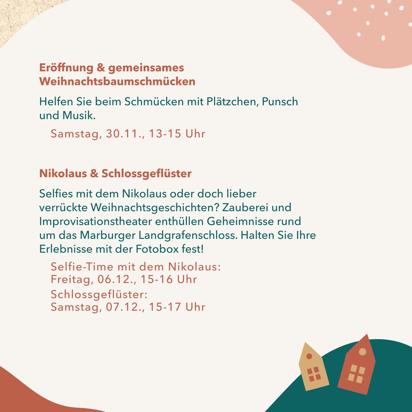Social-Media-Post zu Eröffnung, Weihnachtsbaumschmücken, Nikolaus und Schlossgeflüster